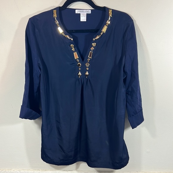 August Silk Women's Black 3/4 Sleeve Jeweled V-Neck Blouse Gold Rhinestones XL - Picture 3 of 8